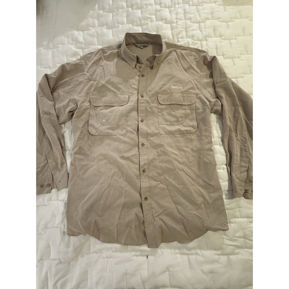 Sage Men's Large‎ Fishing Vented Outdoor Hiking Long Sleeve Beige Shirt Soft